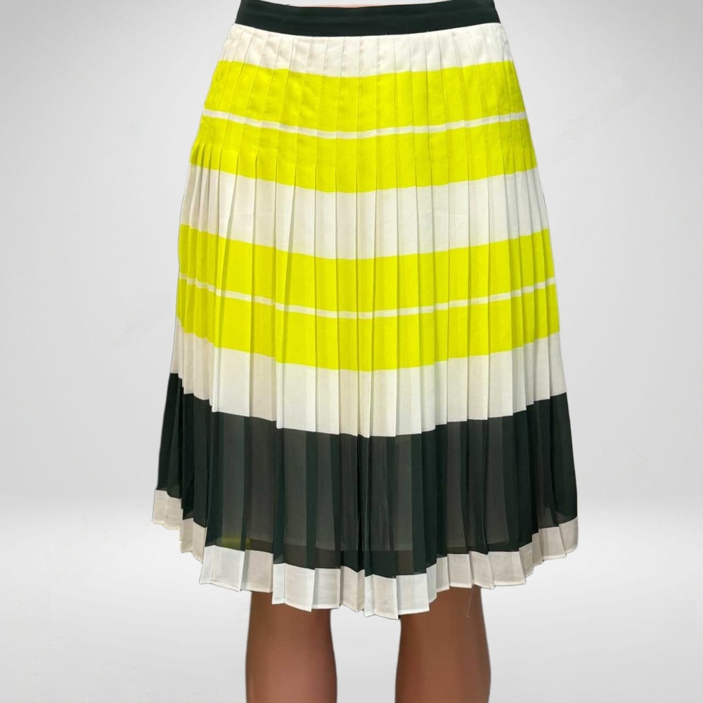 Ann Taylor Petite Neon Yellow Striped Pleated Midi Skirt 0P Black White Chiffon